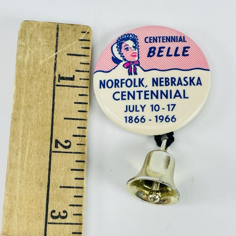Vtg 1966 Norfolk Nebraska Centennial Belle Metal Bell Pinback Button Pin 1866-19 - Picture 4 of 4
